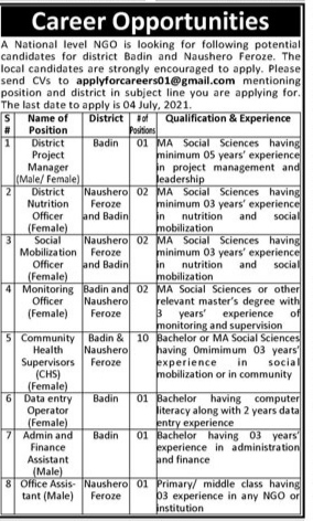 A National Level NGO Jobs 2021 For District Project Manager, District Nutrition Officer, Social Mobilization Officer, Monitoring Officer And More