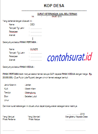 Contoh Surat Keterangan Jual Beli Ternak Lembu Kerbau Kambing