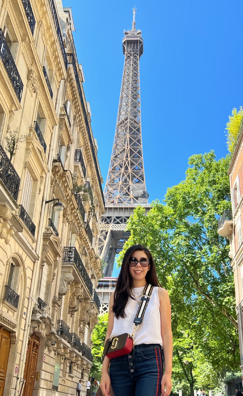 Adrienne Nguyen in front of Eiffel Tower at Rue de l'University_Paris