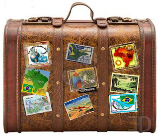 Mala com selos de várias partes do mundo