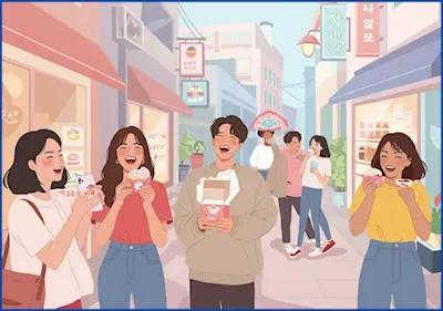 젊은 MZ세대가 카페 거리에서 브랜드 제품을 즐기고 사진을 찍으며 소통하는 활기찬 모습.