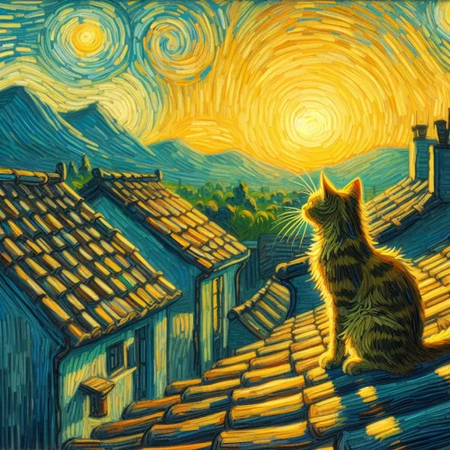 Gato sobre el tejado al amanecer. Arte digital