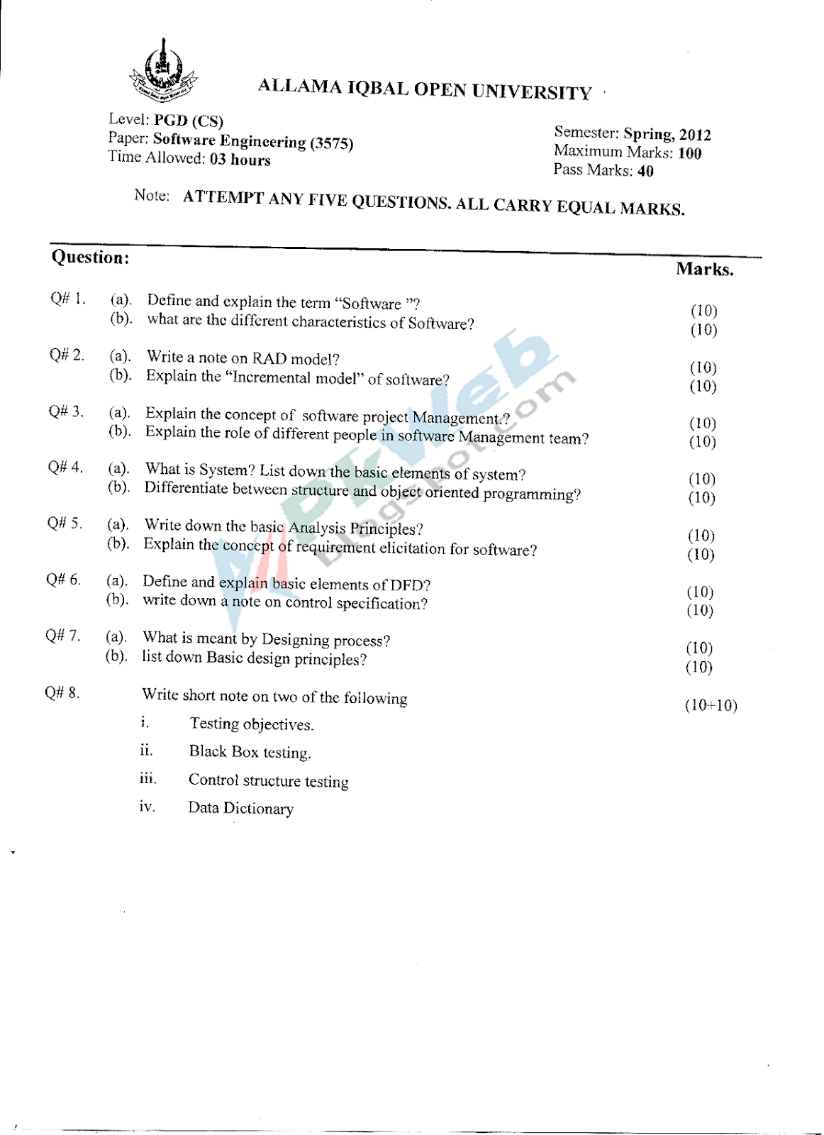AIOU 3575 Software-Engineering Post Graduate Spring 2012