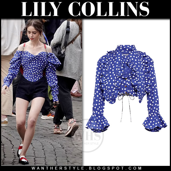 Lily Collins in blue polka dot blouse and loafers Emily in Paris Set
