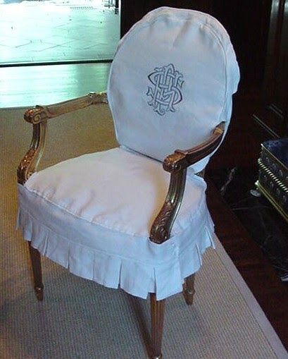 Look, Ma! I'm Sewing Slipcovers: Monogrammed dining chairs in white linen