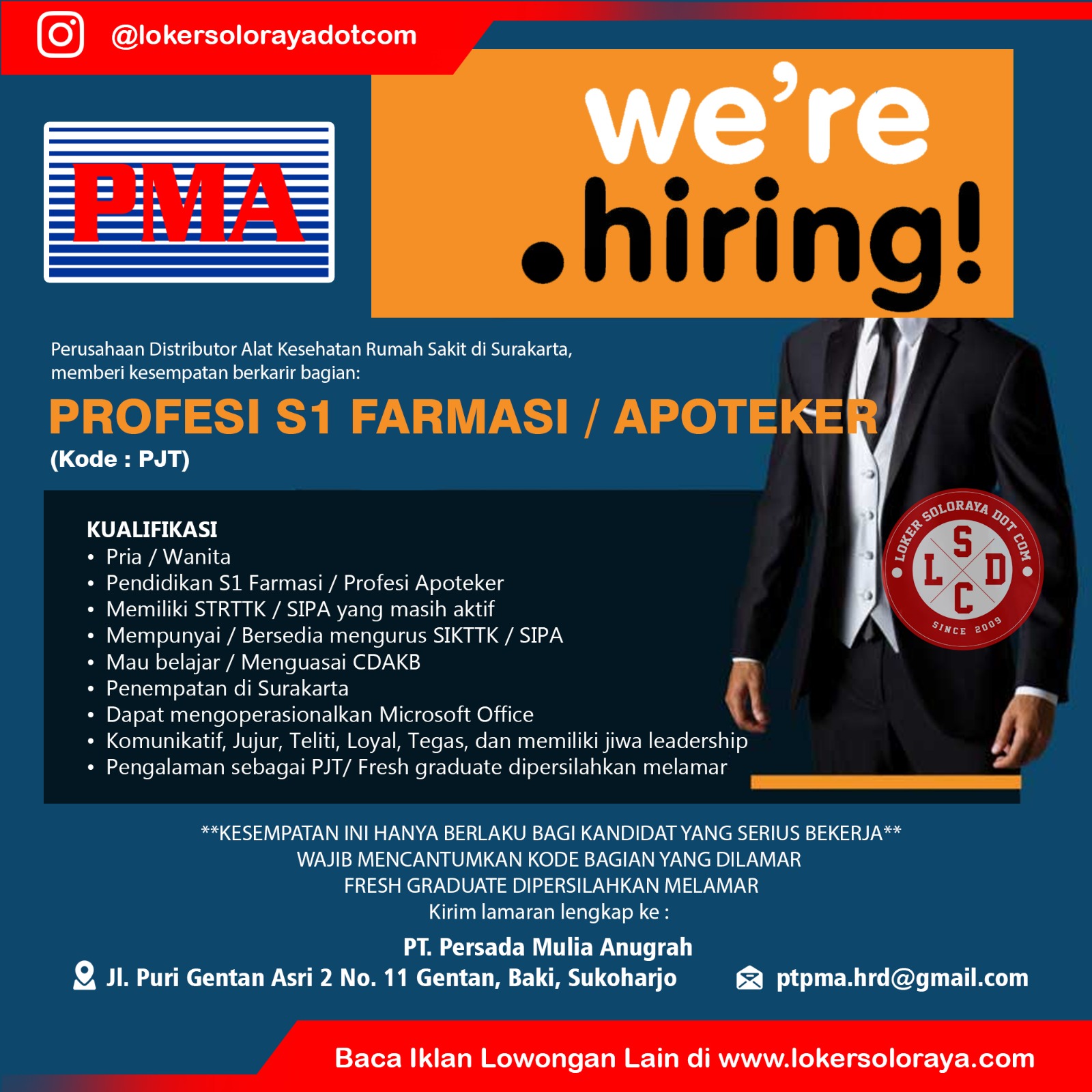 Loker PJT, Administrasi Staff, Sales Marketing Alkes PT Persada Mulia Anugrah Solo