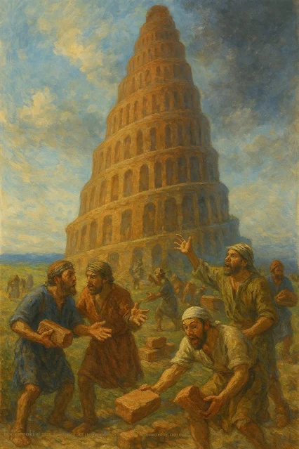 Tower of Babel under construction with confused people – 건설 중 혼란에 빠진 바벨탑 (Genesis 11:1–9)