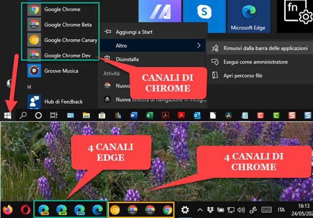 canali di google chrome aggiunti alla taskbar