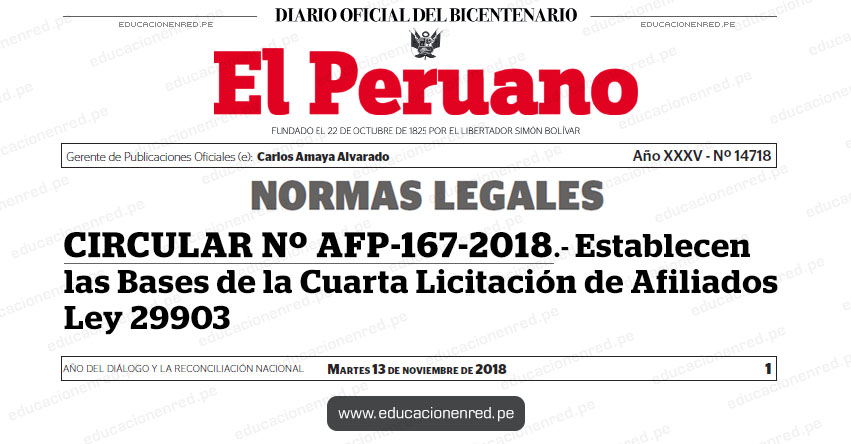 CIRCULAR Nº AFP-167-2018 - Establecen las Bases de la Cuarta Licitación de Afiliados Ley 29903 - www.sbs.gob.pe