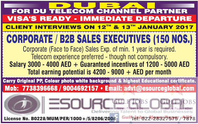 Du telecom channel partner jobs for Dubai - visa ready