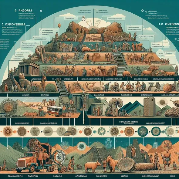 Sebuah gambar ilustrasi yang berisi beberapa objek arkeologi dari berbagai peradaban kuno, seperti patung, tembikar, batu nisan, dan perhiasan.