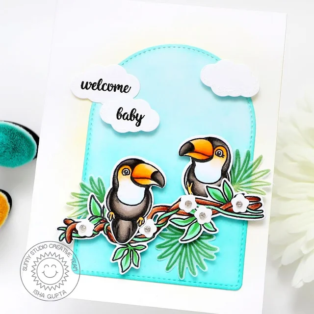 Sunny Studio Stamps: Tropical Birds Baby Themed Card by Isha Gupta (featuring Stitched Arch Dies)