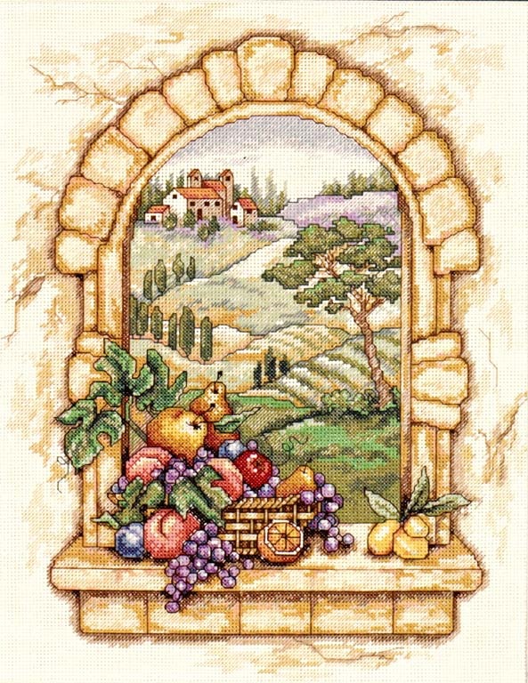 Fruits and Italian Window View/ Large Cross Stitch Patterns Free PDF