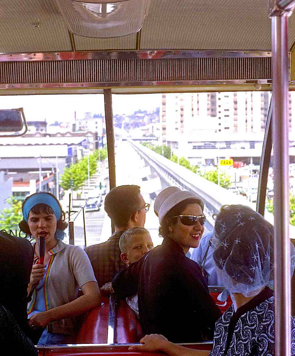 a color photograph of inside the monorail at the 1962 Seattle world's fair, starburst