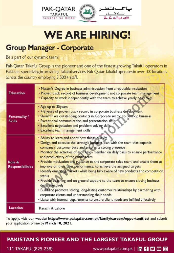 Pak Qatar Takaful Jobs 2021 in Pakistan - Jobs in Lahore 2021 - Jobs in Karachi 2021 - Online Apply - www.pakqatar.com.pk/general/careers/opportunities/