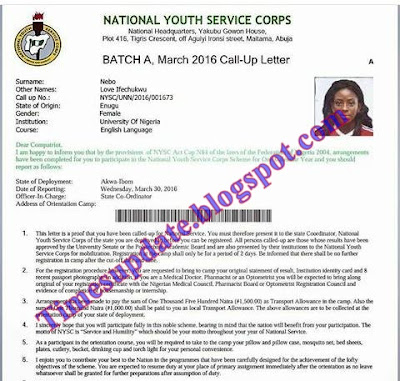 NYSC call up letter sample