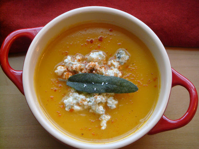 Butternut squash soup with brown butter, sage, cayenne, and blue cheese