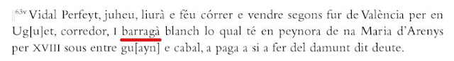 Prueba de que el romance valenciano es autóctono y no traído por catalanes es por el uso de arabismos desconocidos al norte del Ebro como "barragà", tela de lana o piel de camello para abrigo.  * Llibre de la Cort del Justicia de Valencia, 1280