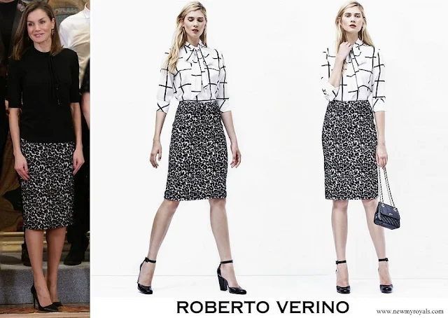 Queen Letizia wore Roberto Verino Jacquard Pencil Skirt