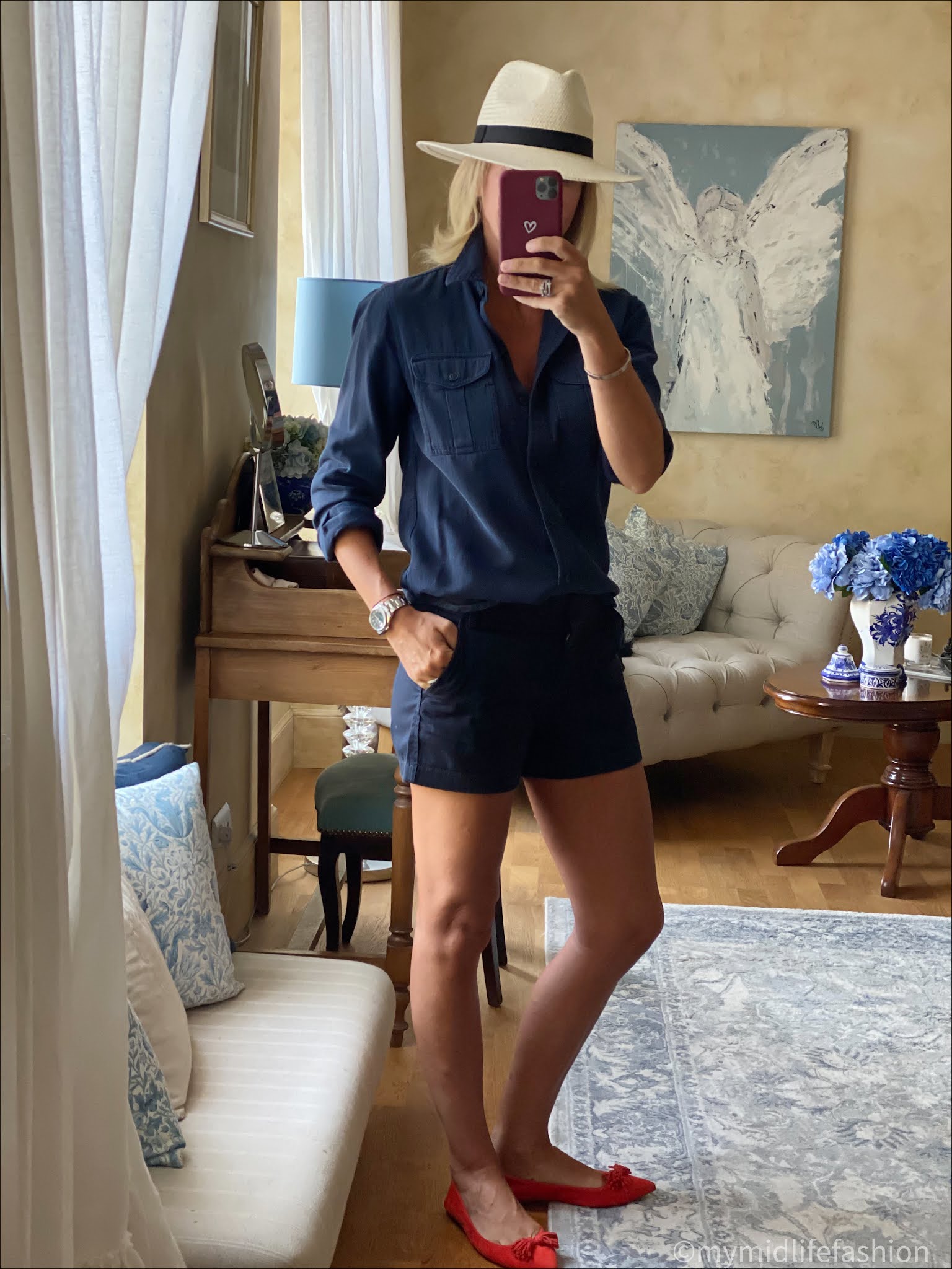 my midlife fashion, Zara Panama hat, Isabel Marant Etoile cotton shirt, j crew 5 inch chino shorts, j crew suede tassel ballet pumps