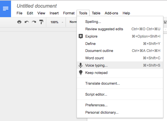 Picture of Voice Typing in Google Docs menu.