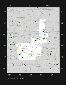 Chart of constellation Scorpius, showing location of Lobster and Cat's Paw Nebulas. Image credit: ESO/IAU and Sky & Telescope