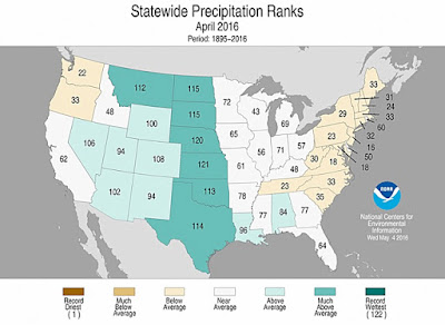 Figure 2. Statewide rankings for average precipitation during April 2016, as compared to each April since 1895. Darker shades of green indicate higher rankings for moisture, with 1 denoting the driest month on record and 122 the wettest. (Image credit: NOAA/NCEI) Click to Enlarge.