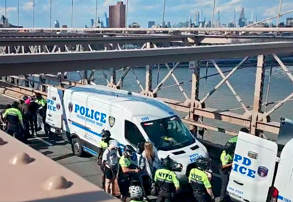 Police arrest protesters blocking traffic on the Brooklyn Bridge. - Citizen