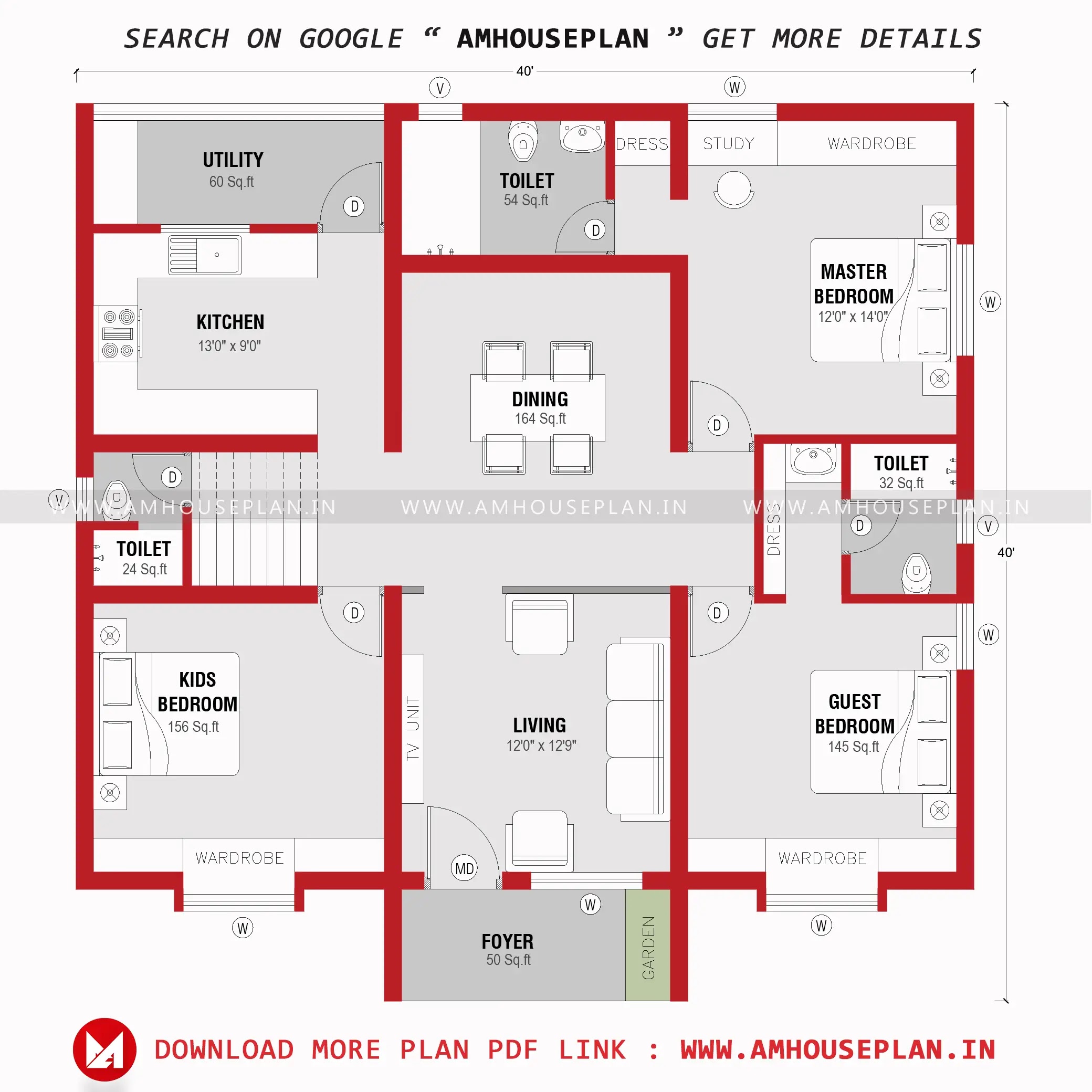 40 x 40 Spacious House plan 3bhk 2023