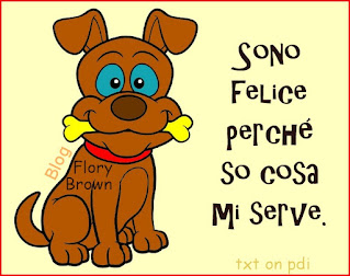 Cane simpatico marrone tipo cartoon con osso giallo in bocca, sfondo giallo più la frase.