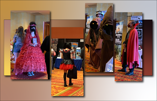 Left-to-right, the passers-by included a woman in pink lace, a Goth lady, a pair of Jawas with glowing eyes, and a wizard in a cloak.