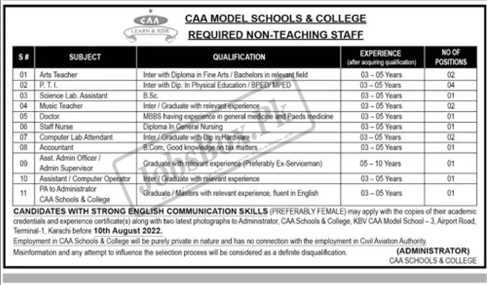 CAA Model Schools and Colleges Jobs 2022