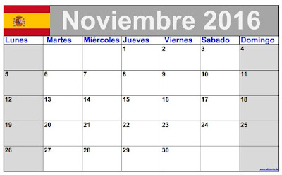 Calendário Mes de noviembre 2016 para imprimir. Calendário planificador mensual de noviembre 2016 en blanco y negro.