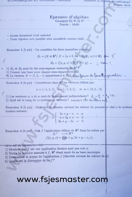 Exemple Examen Licence Epreuve d'Algèbre 2015-2016 - Fsjes Souissi