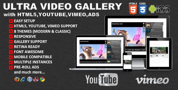 Ultra Video Gallery With YouTube, Vimeo, HTML5, Ads