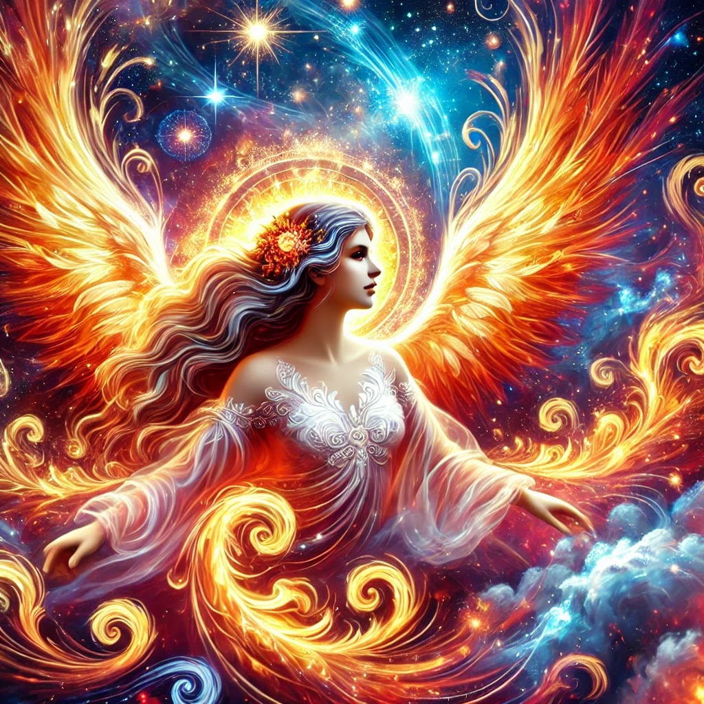 A celestial angel surrounded by fiery energy, inspiring Sagittarius to pursue their passions with fearlessness and joy.