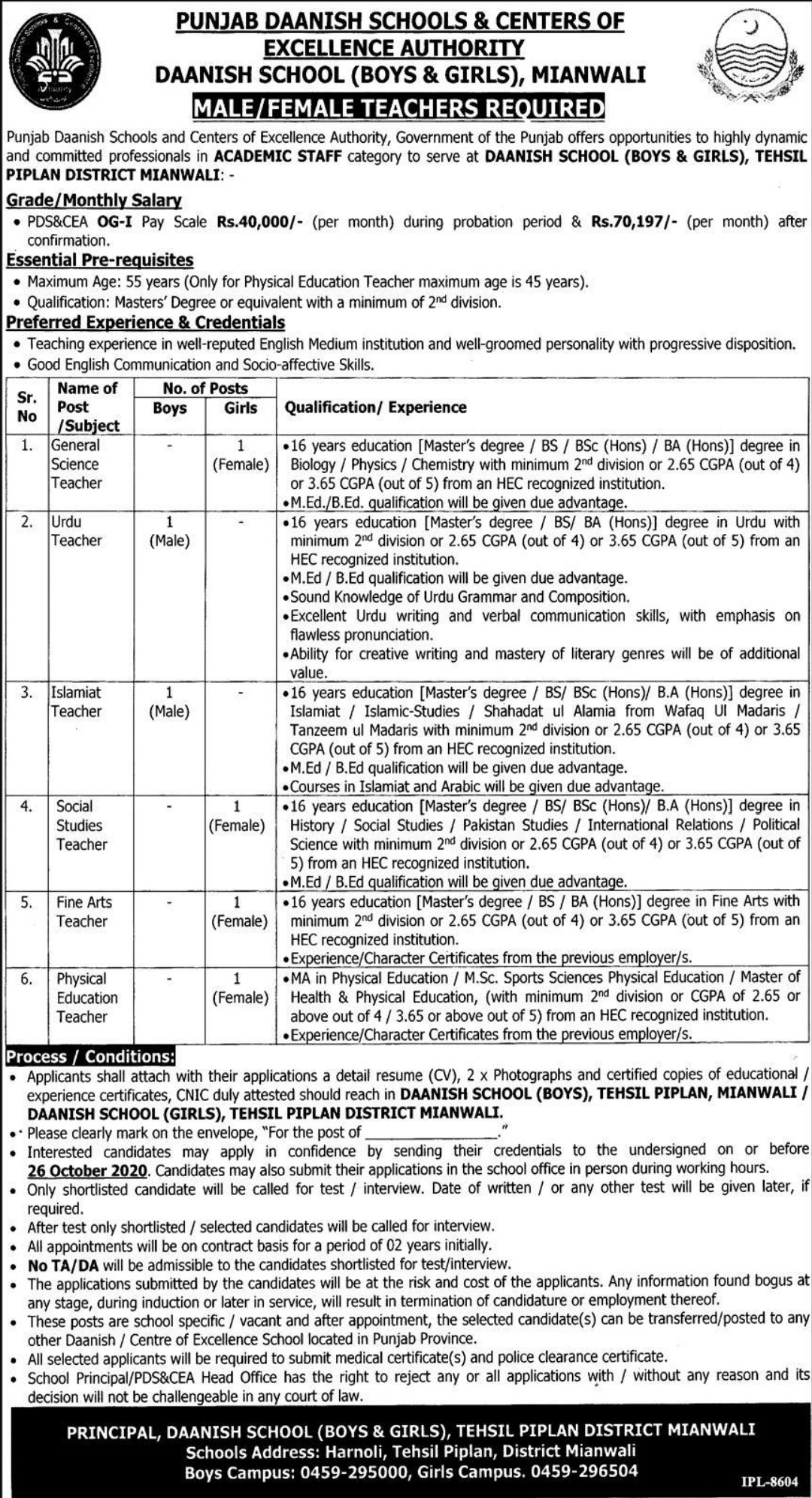 Punjab Daanish Schools & Centers of Excellence Authority Jobs October 2020