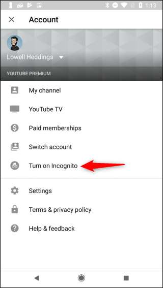 Modalità di navigazione in incognito YouTube