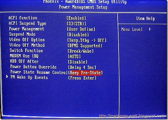 Power State resume Control