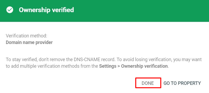 domain ownership verified vis dns record