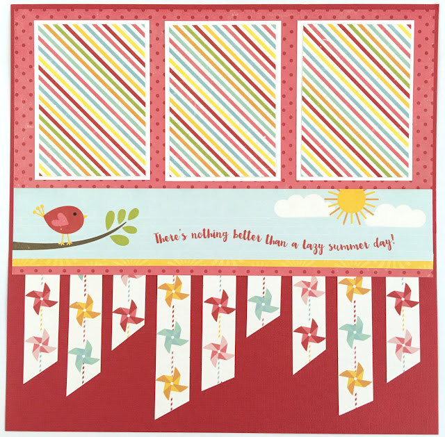 12x12 Summer Days scrapbook layouts with a bird on a branch, sunshine, pinwheels, stripes, and polka dots