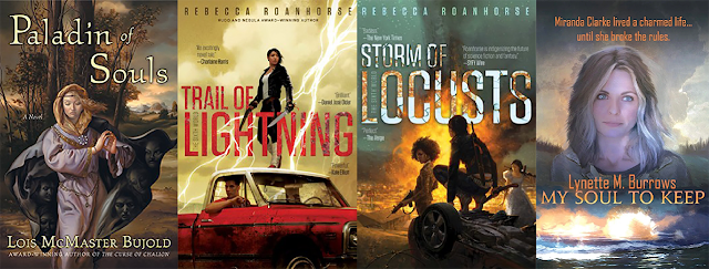 Book covers for “Paladin of Souls,” “Trail of Lightning,” “Storm of Locusts,” and “My Soul to Keep.”