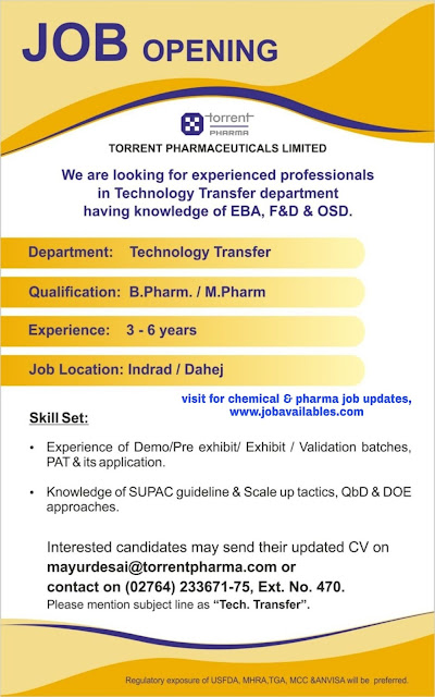 Job Availables, Torrent Pharma Ltd Job Opening for B.Pharm/ M.Pharm - Technology Transfer