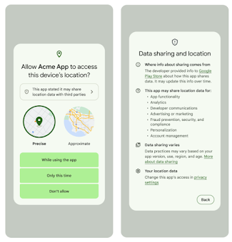 Image of two screens side-by-side showing Data safety form and location sharing permission dialog