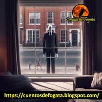 Slenderman parado en la calle visto por la ventana desde el interior de una casa