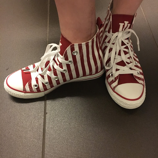 Converse Hi-Top sneakers, Indiana University, cream and crimson, red and white stripes, striped sneakers