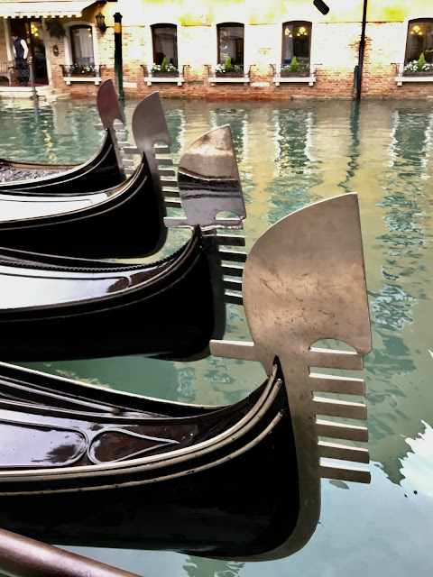 Venetian gondolas parallel parked in a canal Venice, Italy