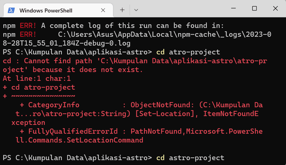 terjadi error lagi saat masuk kedalam folder projek astro karena typo di perintah terminal