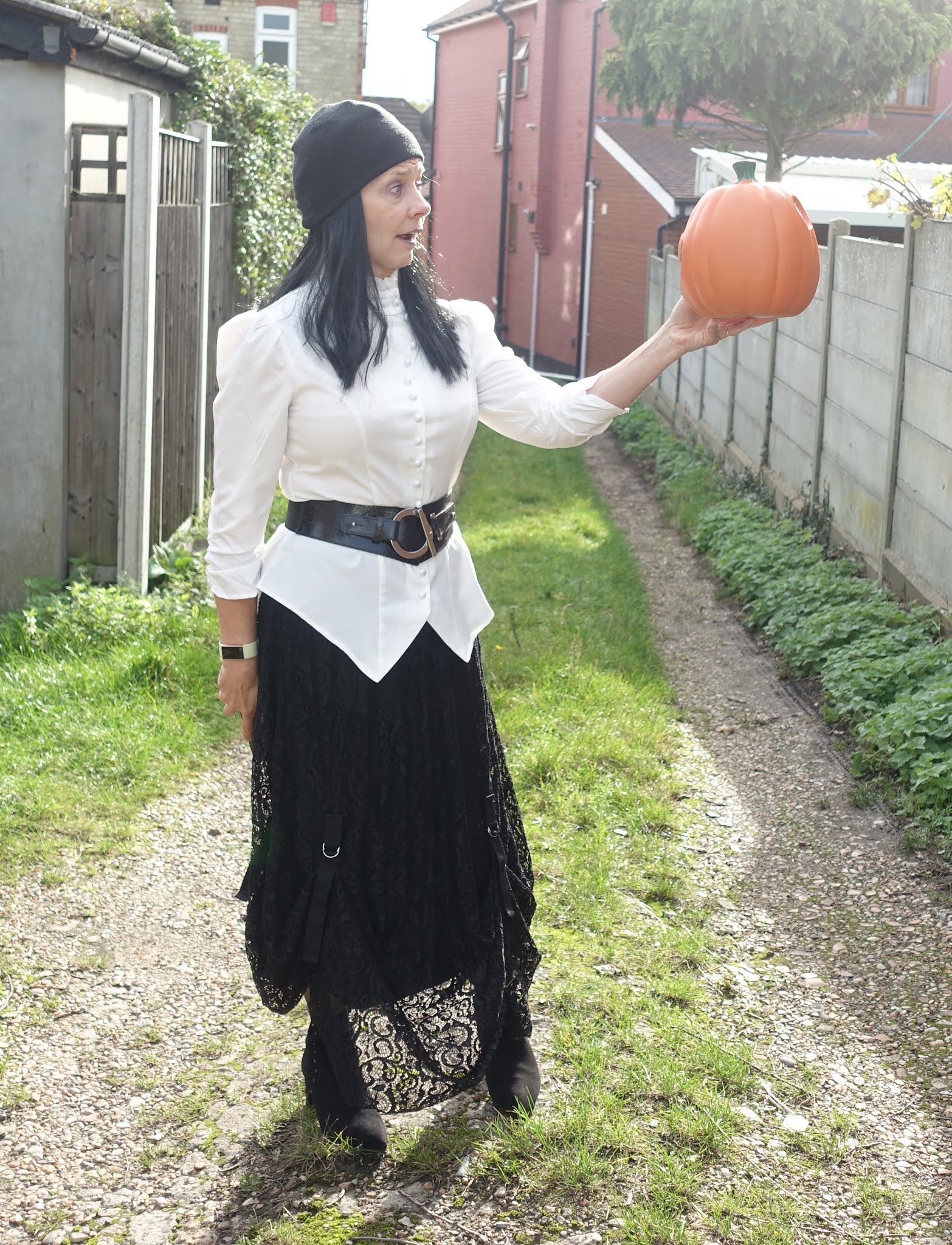 Alas poor pumpkin:  Is This Mutton style blogger Gail Hanlon with pumpkin in the Style Not Age Challenge Gothic Romance