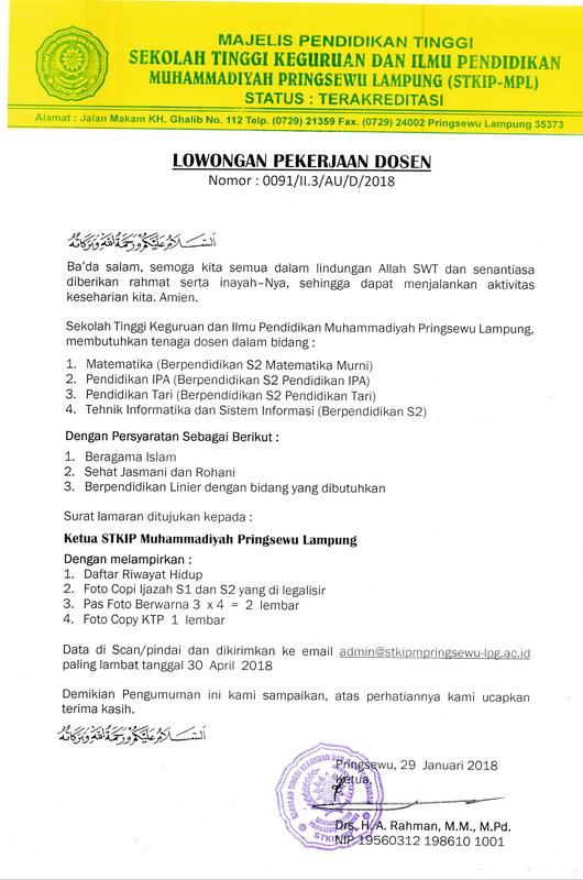 Lowongan Dosen STKIP Muhammadiyah Pringsewu Lampung